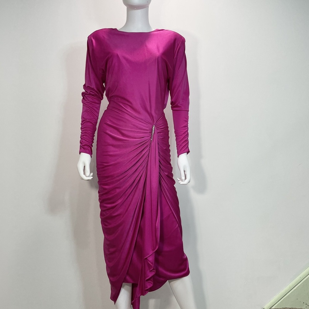 vintage hot pink 70s-80s dress Size‎ 5-6 Mid Cuff Front Gather Tail Silver